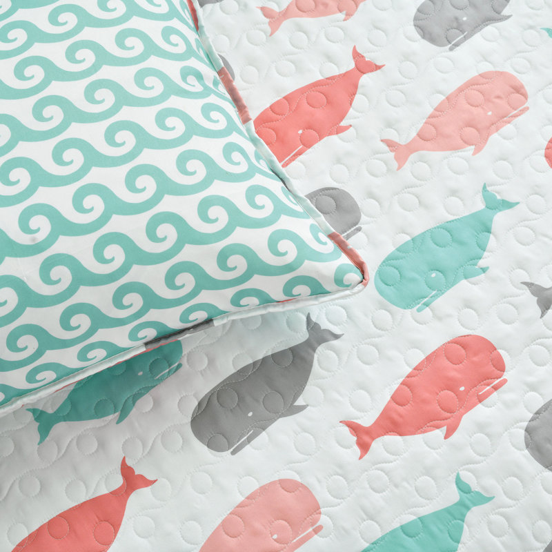 Whale Microfiber Reversible Modern & Contemporary Quilt Set, Full/Queen Quilt + 2 Shams + 2 Throw Pillows, Pink/Aqua