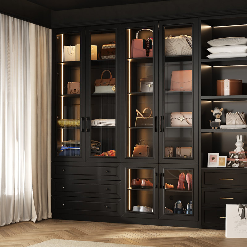Six-Door Three-Drawer Closet System With Light, Black