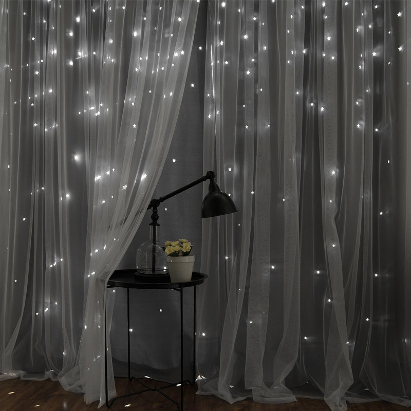 Jenifer Tulle Overlay Star Cutout Solid Room-Darkening Grommet Curtain Panels, 52" W x 63" L, Dove