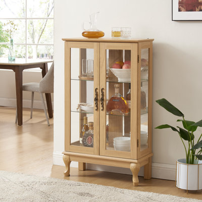 2 Doors Curio Cabinet With Tempered Glass Doors, Curio Cabinets With Mirrored Back Panel And Adjustable Shelves, Lighted Display Cabinet For Home, Office Light Bulb Included OAK, Sideboard