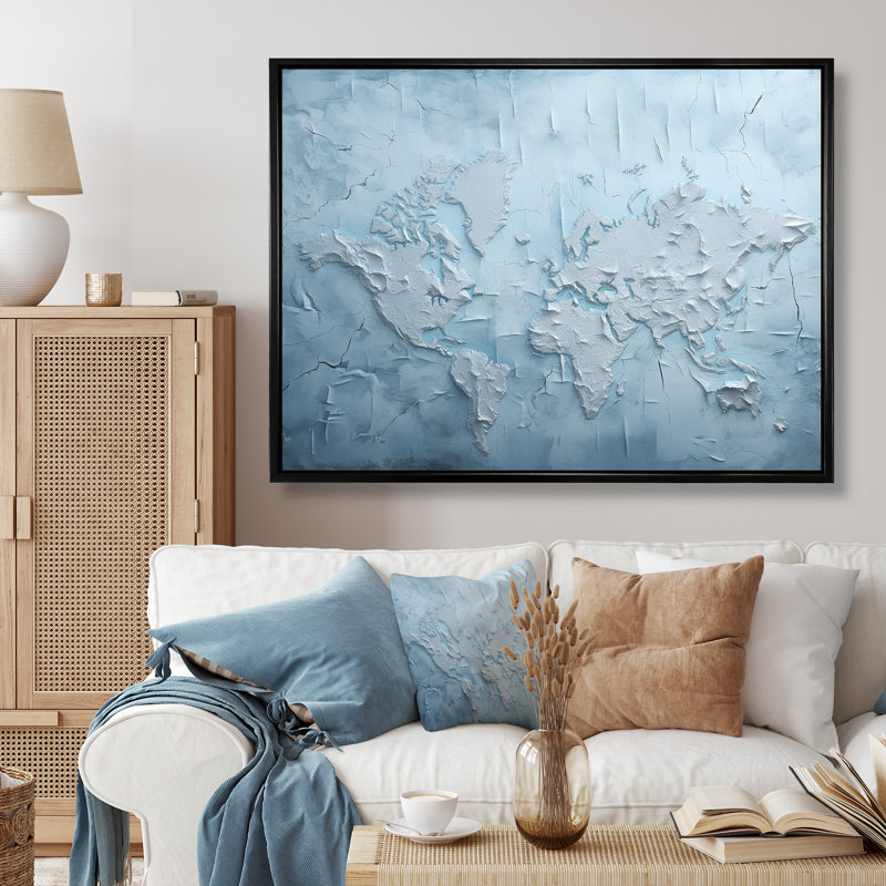«Ice Age World Map I», reproduction sur toile, Cadre flottant noir, H 16 po x l 32 po x P 1 po