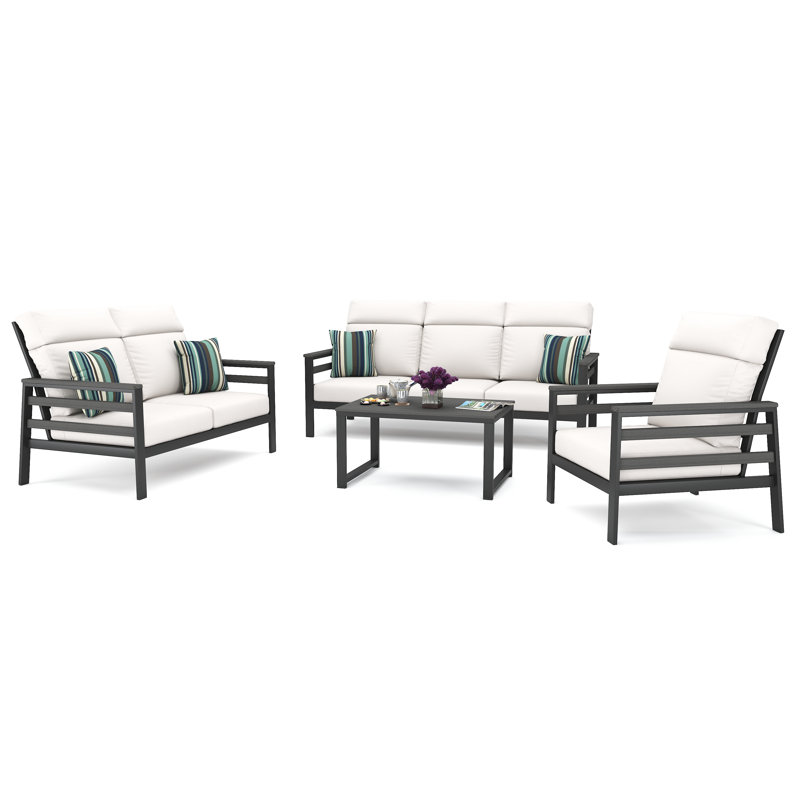 Ostby 4 Person Seating Group With Sunbrella Cushions, Canvas Navy, Dark Gray/Gray