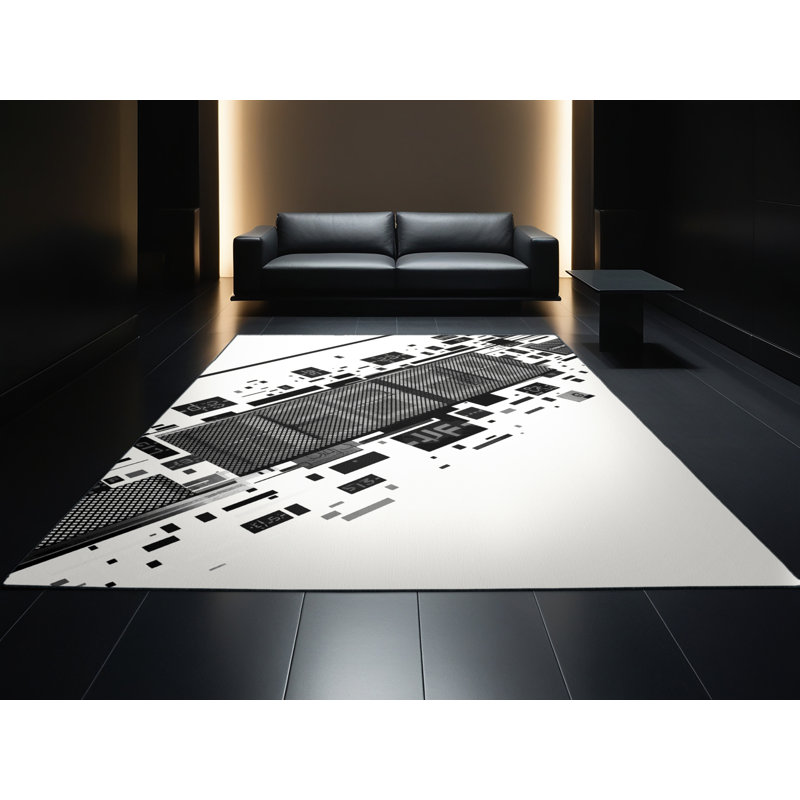Machine Washable Aguilar Scoreboard Display Sleek & Chic Modern Geometric Rug in Beige – Black Binding, 6x9