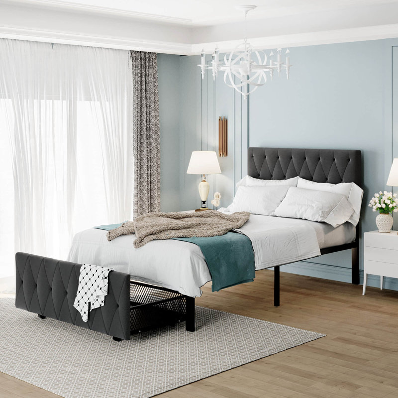 Lit plateforme capitonné avec rangement, Simple, Gris