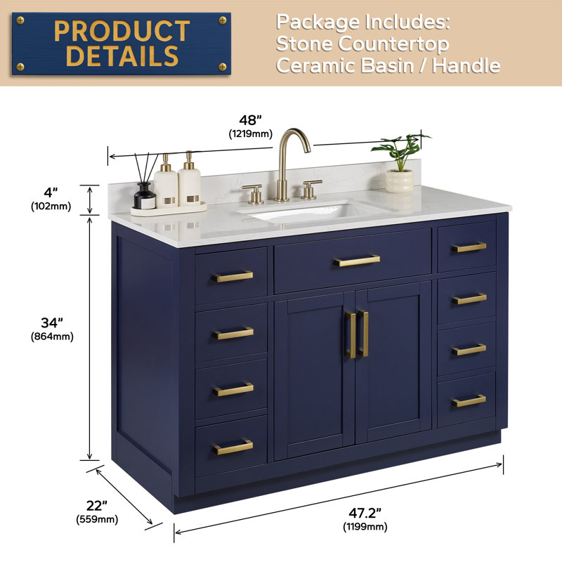 Meuble-lavabo simple 48 po avec tiroir, tablette, prise de courant et plateau en marbre d'ingénierie, Bleu royal, 48''