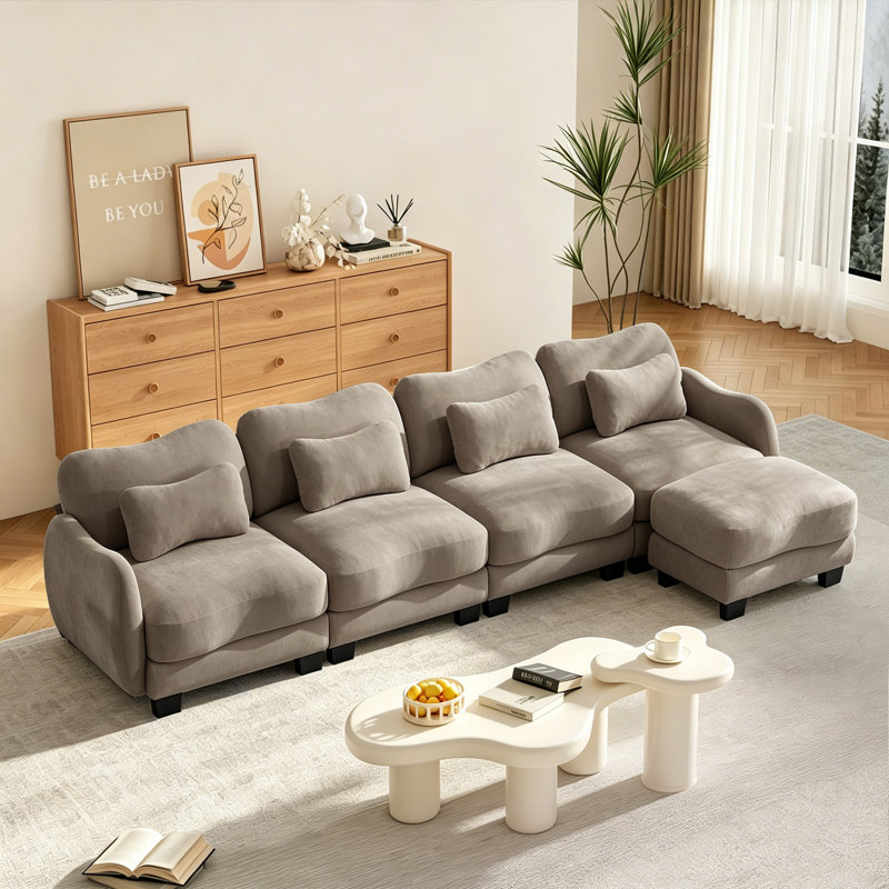 Canapé modulaire en L de 131,5 po à 4 places modulaire avec coussin et repose-pieds mobile Chenille, Coffee Chenille