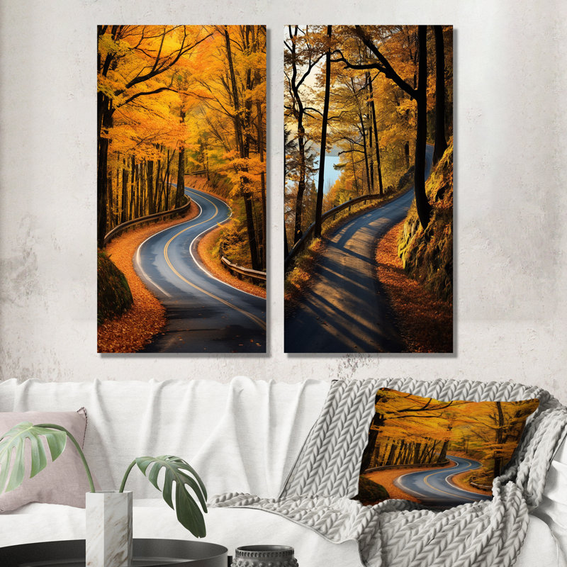 Passerelle Autumn Road Into The Forest I - ensemble de 2 décorations routières, H 32 po x l 33 po, Toile tendue