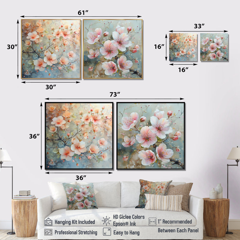 Rose gris rosé, branche de cerisier en fleurs I - art mural fleur de cerisier - art mural traditionnel pour le salon 2 pièces