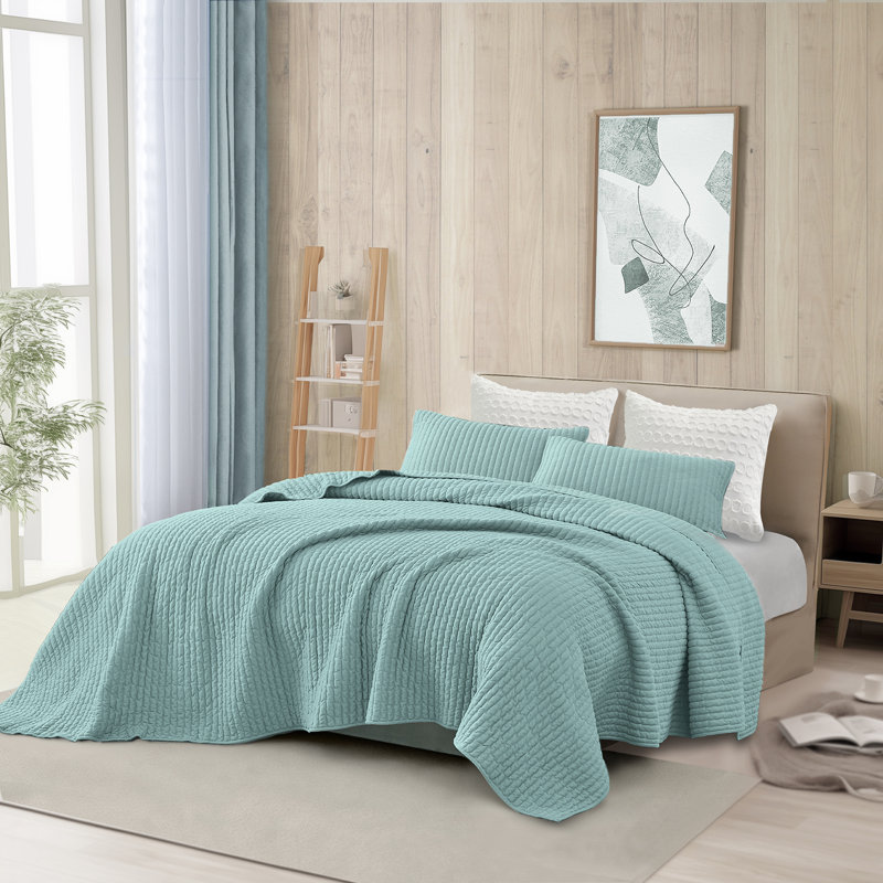 Poly Jersey Quilt Set 3 Pieces, Queen Quilt + 2 Standard Shams, Teal Blue