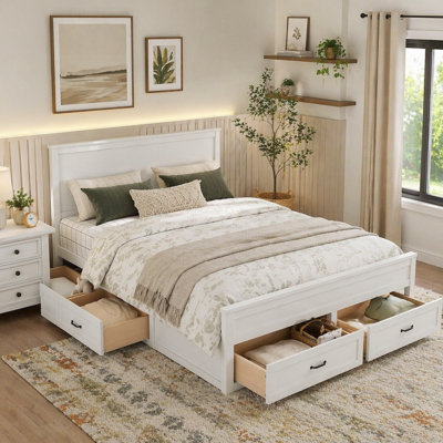 Base de lit en bois avec rangement à 6 tiroirs et tête de lit haute