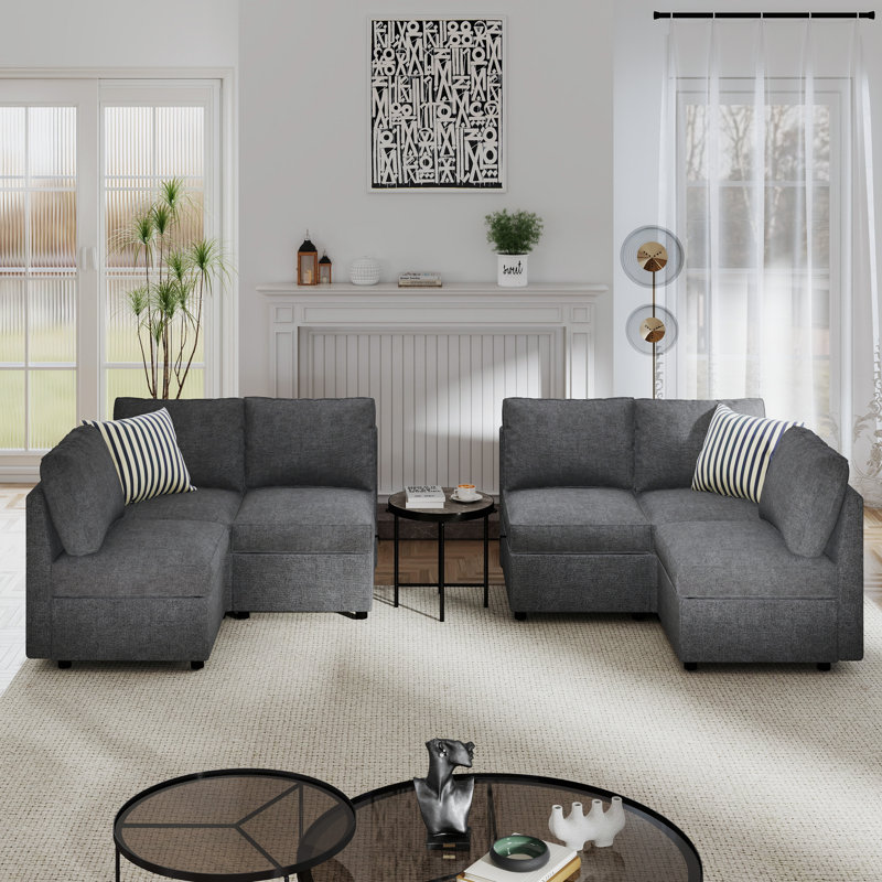 Bermea 6-Piece L-Shaped Soft Fabric Cushion Back Modular Sectional With Under-Seat Storage, Stormcloud Gray Polyester Blend