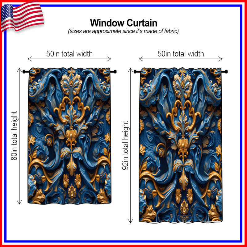 Rideaux à motif baroque bleu et doré, voilages et rideaux baroque - 1 panneau, 50 po x 80 po - 1 panneau, Transparent