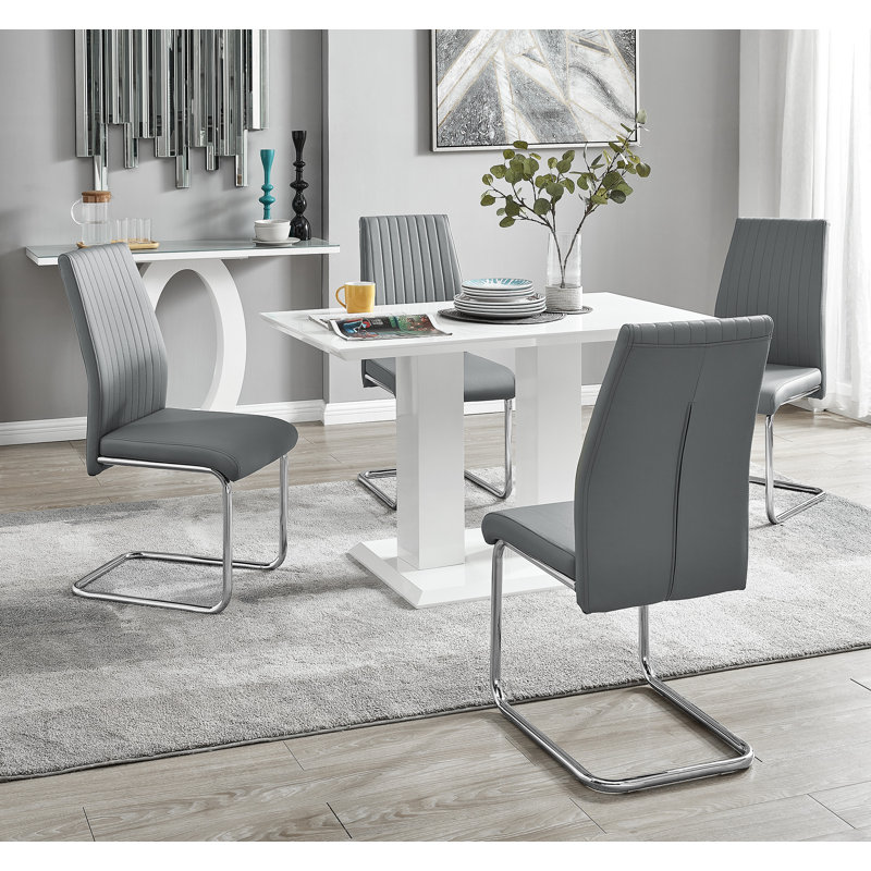 Edzard Double Pedestal High Gloss Dining Table Set with 4 Luxury Faux Leather Dining Chairs, Elephant Grey