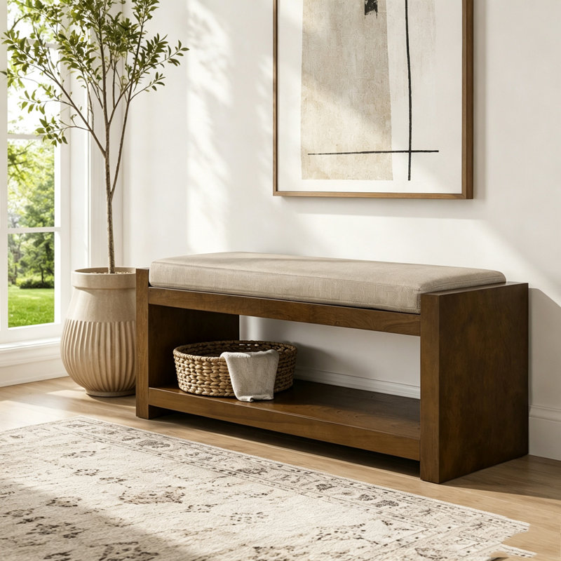 Banc d'appoint avec tablette inférieure et coussin amovible, Lin