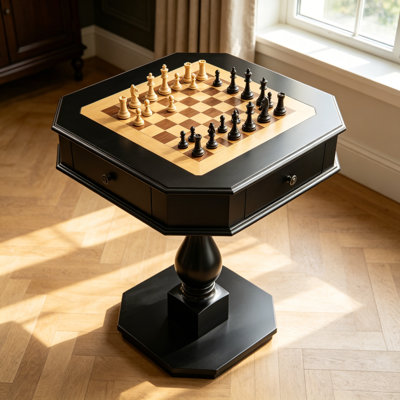 Bishop Black Finish Reversible Chess Checker Game Table W/Game Tray (Chess Fingures Not Included)