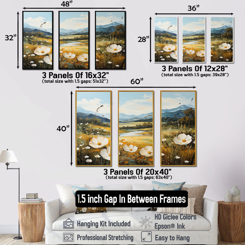 Ensemble de salon Buttercups Flowers Mountain Landscape I - Flowers, Cadre flottant doré, H 32 po x l 48 po x P 1 po