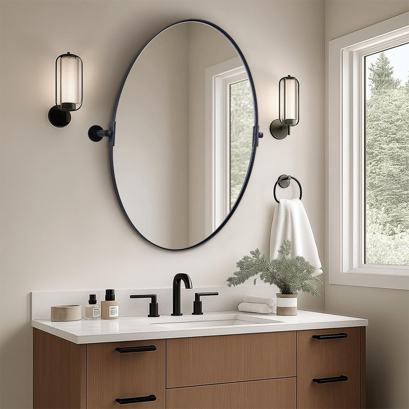  Tilting Oval Bathroom Vanity Wall Mirror | Adjustable Pivot Stainless Steel Frame, Matte Black, 34" x 22"