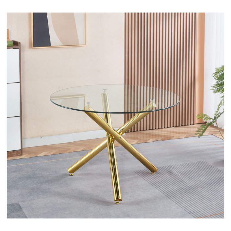 Table de salle à manger ronde en verre doré avec piètement en métal, 110 cm (43,3 po), table de cuisine moderne pour petits espaces