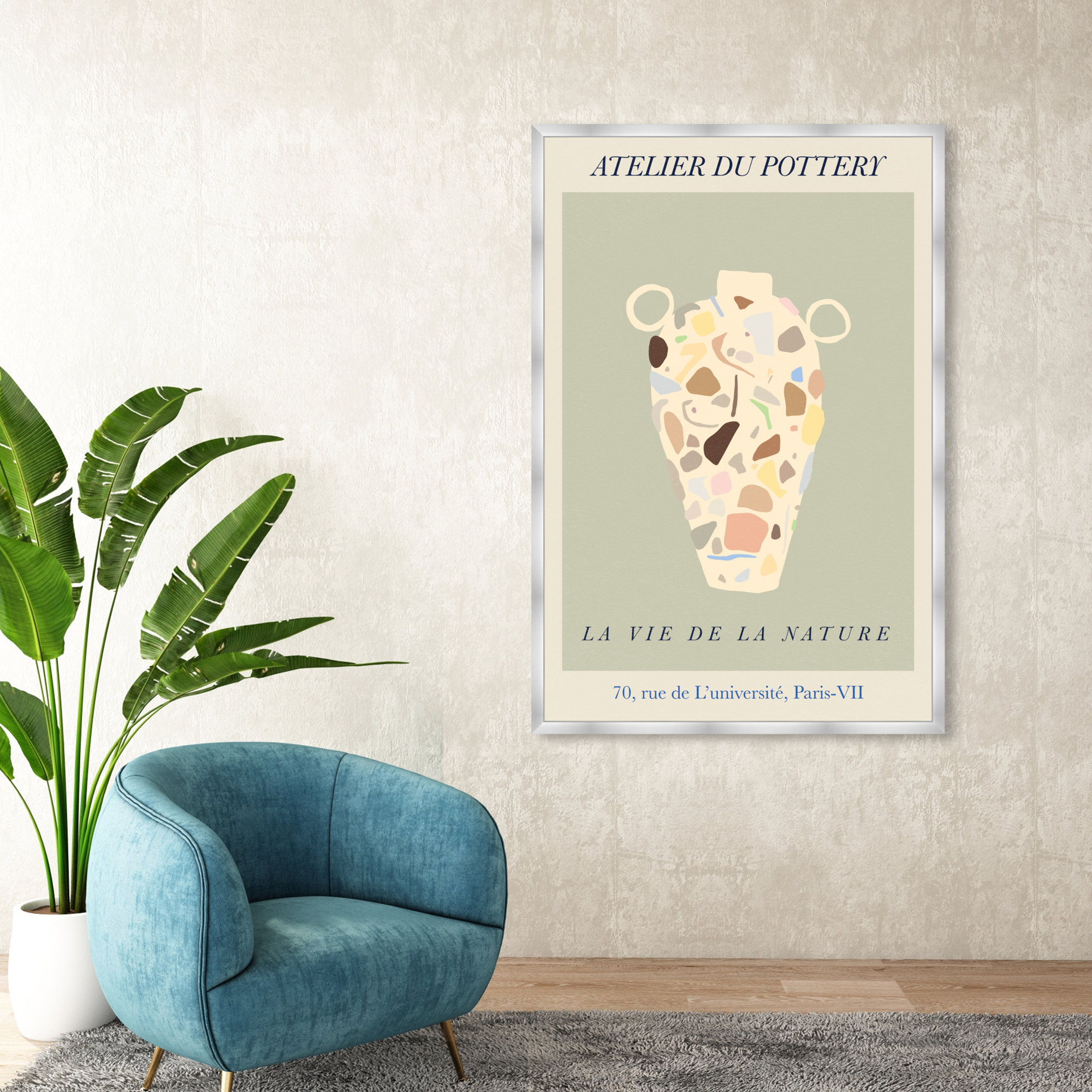 French Terrazzo Vase by Oliver Gal, 56" H x 38" W, Silver