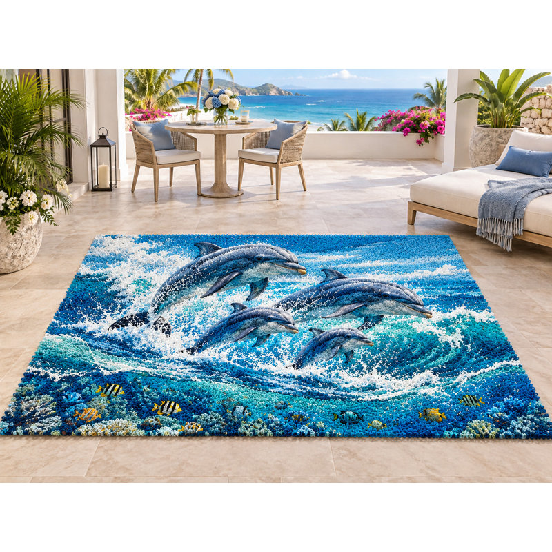 Tapis d'extérieur 152 x 213 cm (5 pi x 7 pi) à motif dauphins et vagues, en PVC épais, imperméable et bouclé, idéal pour une terrasse ou une entrée. Séchage rapide.