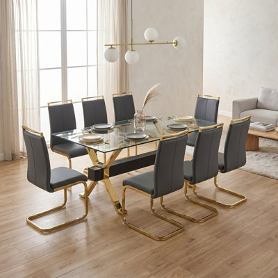 Ensemble de table de salle à manger Aurora Luxe 79 po en verre trempé avec chaises à dossier haut en simili cuir