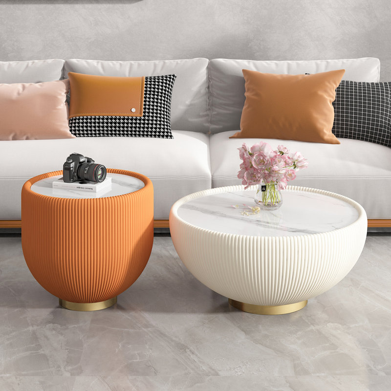 Table basse d'appoint moderne en cuir PU, 16.93" H x 19.69" W x 19.69" D, White Marble / Orange, Does Not Apply