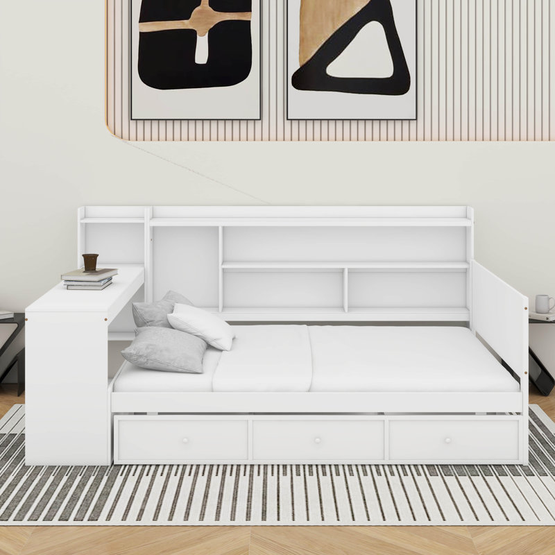 Lit de jour double avec tiroirs, USB et bureau, Blanc