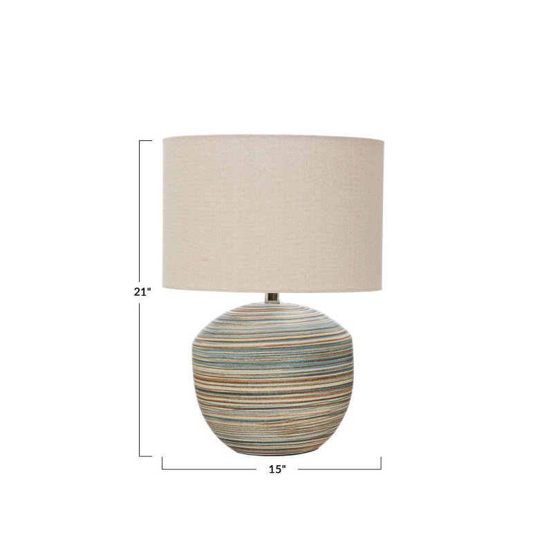 Lampe de table en grès avec rayures et abat-jour en lin