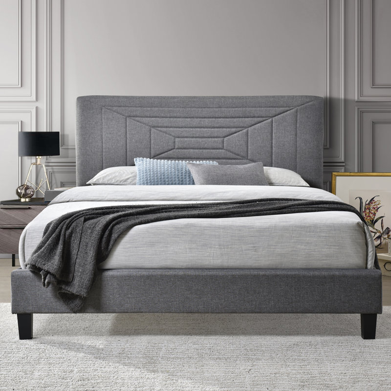 Lit plateforme tapissier touffeté, gris, Grand