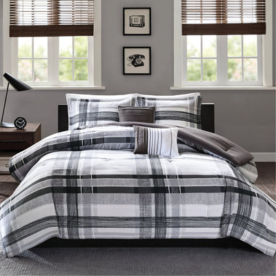 Full/queen Plaid Comforter - Black And Grey Bedroom Bedding With Comforter, 2 Shams, Pillows Machine Washable Duvet Modern In Easy To Wash