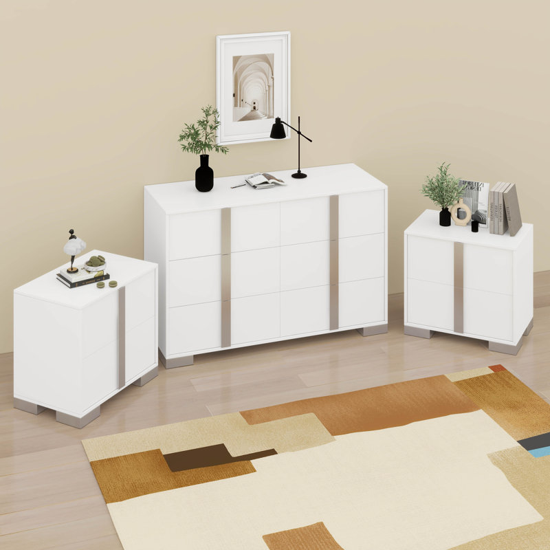 Ensemble 3 pièces, commode élégante à 6 tiroirs et deux tables de chevet, Blanc
