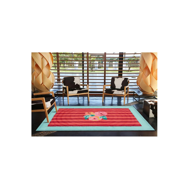 Vertical Striped Red Rose Patterned Multicolored Woven Floor Carpet, Runner 2'6" x 6'7"