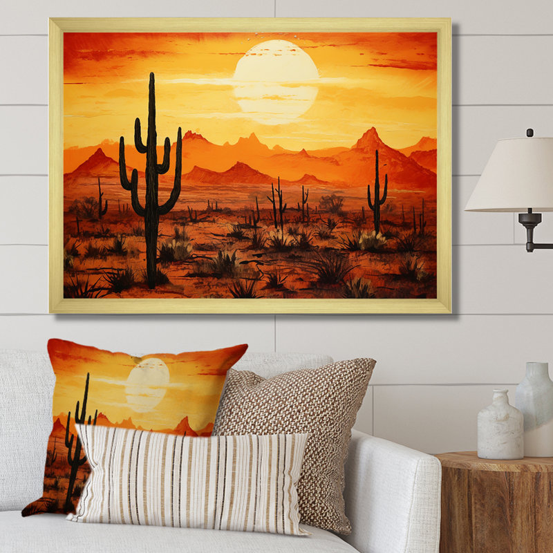 Cactus Sunrise Silhouettes - Cactus Wall Art, 16" H x 32" W x 1" D, Gold Single Picture Framed