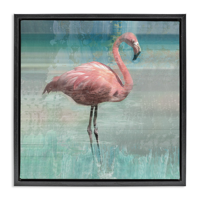 Portrait d'un oiseau flamant en couches, H 18 po x l 18 po, Cadre flottant noir de jais