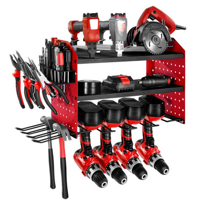Support de rangement mural pour outils électriques, support de rangement à 3 couches avec 4 supports de perceuse et panneaux perforés latéraux pour garage et atelier