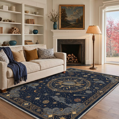 Tapis bleu / or lavable à la machine avec envers antidérapant