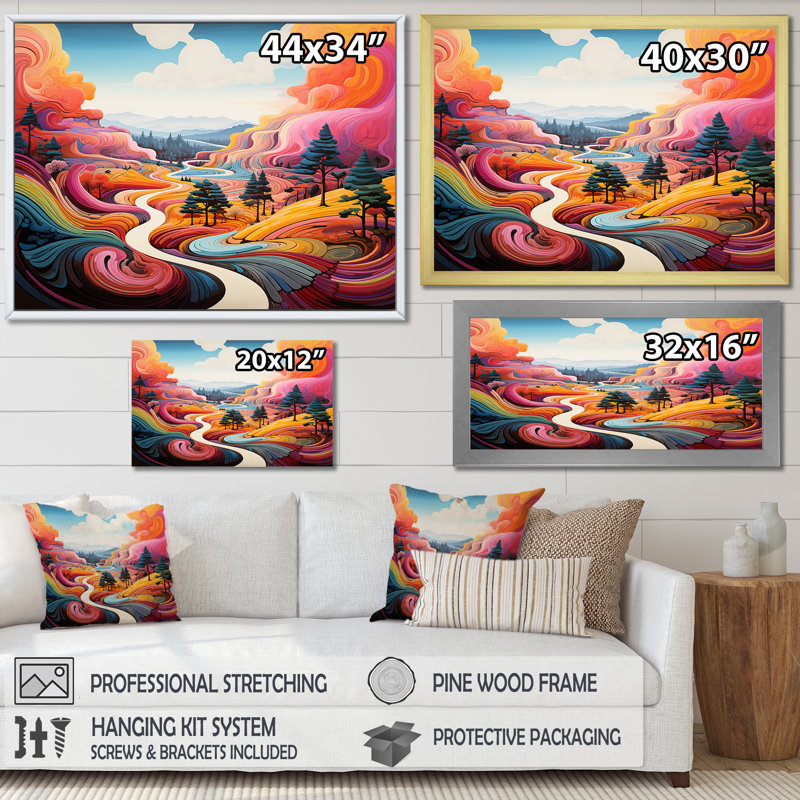 «Fantasy Food In Colorful Meadow 1», art mural prairie, Cadre d'angle fermé noir, H 12 po x l 20 po x P 1 po
