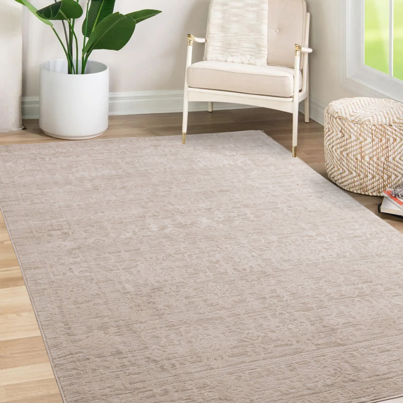 Elegant Neutral Ivory Textured Traditional Woven Area Rug for Living Room, Rectangle 5'3" x 7'5"
