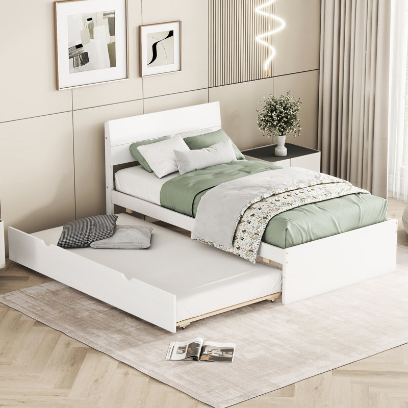 Lit simple moderne avec lit gigogne blanc crème et tête de lit ultrabrillante pour chambre à coucher, Blanc crémeux