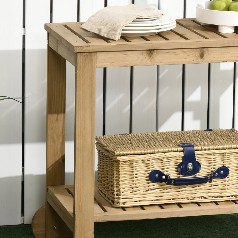 Natural Wood Bar Serving Cart With 2 Shelves And Wine Bottle Accommodation For Outdoors Outdoor Slots Garden Dining Rooms