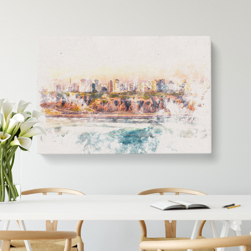 Lima Skyline in Peru Watercolour - Wrapped Canvas Graphic Art Print, 50cm H x 76cm W x 3cm D