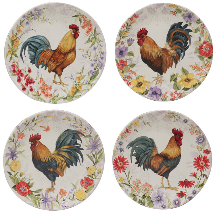 Floral Rooster Set Of 3 Dinner Plate 11"