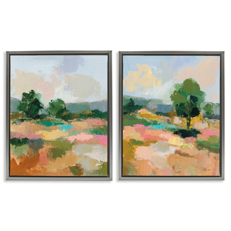 «Spring Field Abstract Landscape», ensemble de 2 toiles flottantes encadrées par Silvia Vassileva, H 21 po x l 17 po