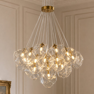 19-Light Polished Brass Bubble Glass Cluster Chandelier with Adjustable Height, Dimmable G9 Bulbs, ETL-Listed