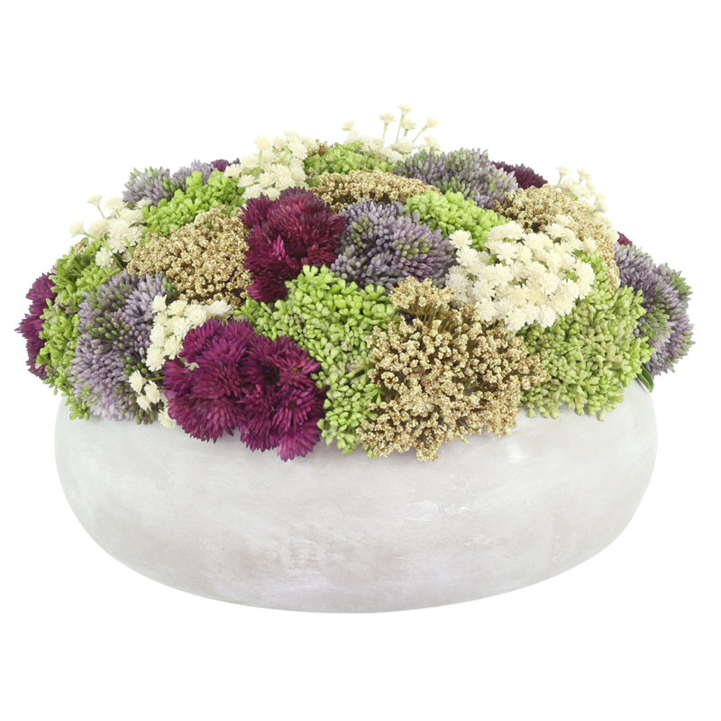 Sedum and Baby's Breath Arranged in Stone Pot