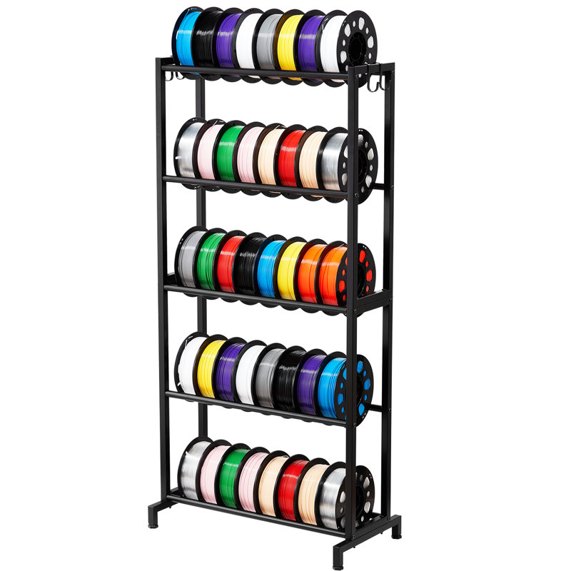 Support à filament pour imprimante 3D à 5 niveaux, fabrication robuste en acier au carbone, support de 100 lb par tablette, espacement des tuyaux réglable pour différentes tailles de bobine, capacité de 45 po, finition noire, rangement facile