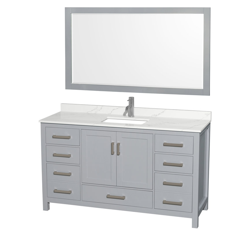 Sheffield 60" Freestanding Single Bathroom Vanity with Quartz Top with 58" Mirror, Giotto Quartz, Gray, Chrome