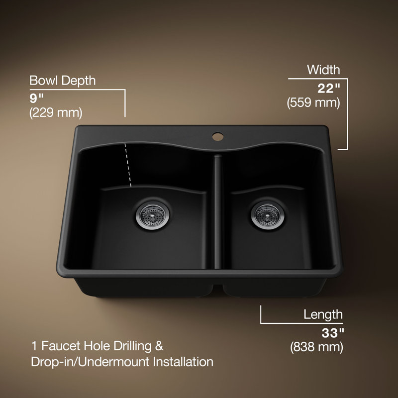 Évier de cuisine à montage double L 33 po x l 22 po Kennon Neoroc, Noir mat