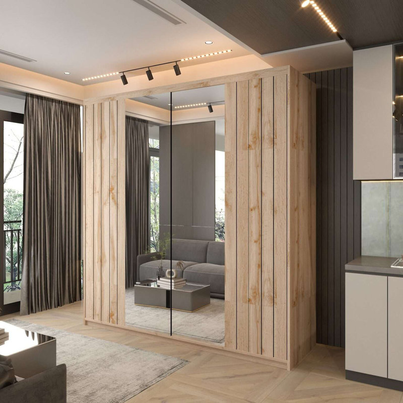 Modern Double Sliding Door Wardrobe in /Grey/Oak/White, 217cm H x 203cm W x 62cm D, Oak