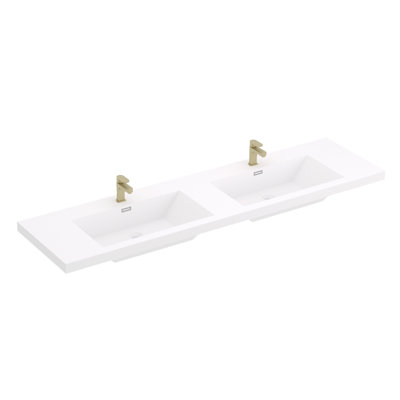 Plateau de meuble-lavabo double 72 po x 19,49 po avec lavabo en résine intégré sans robinet et bonde escamotable, blanc
